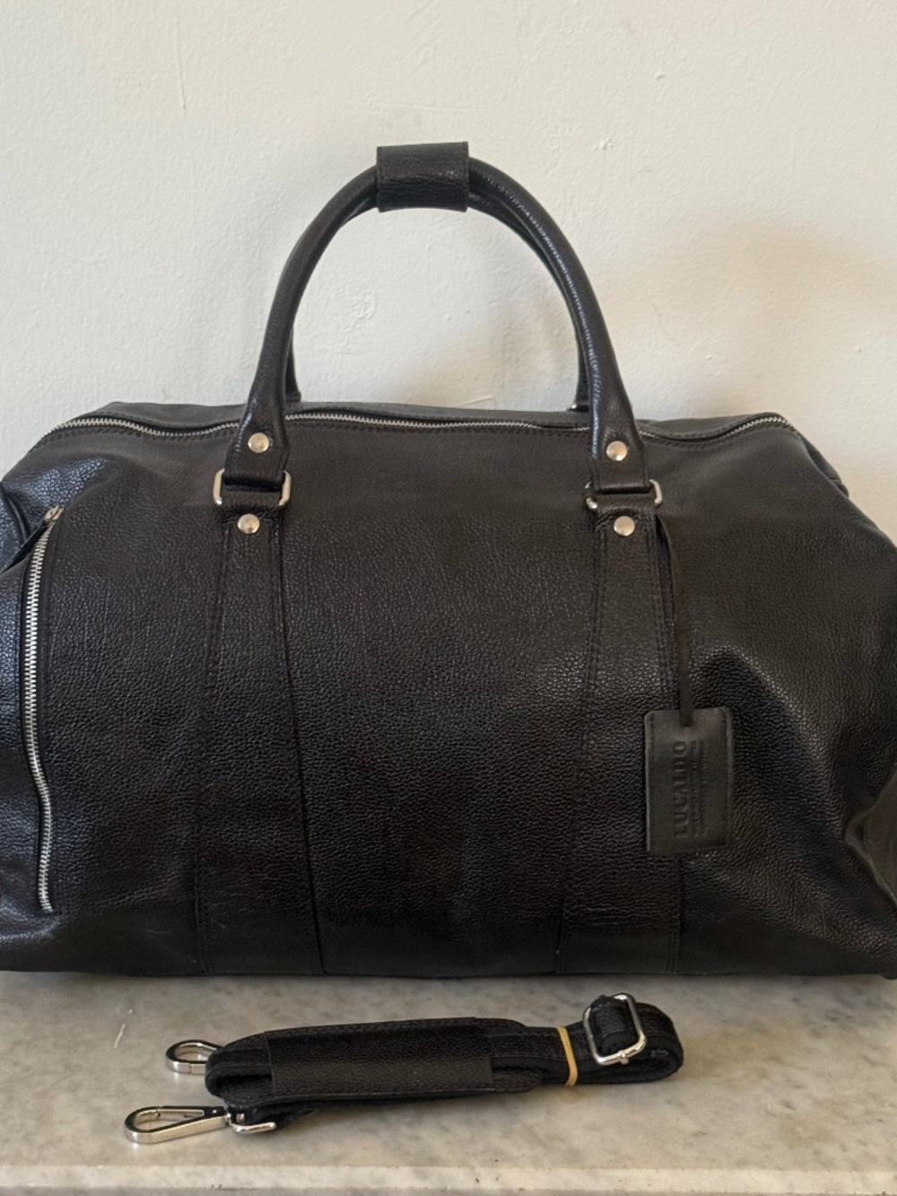 Lucaldo Black Pebbled Leather Weekender Duffle Travel Bag
